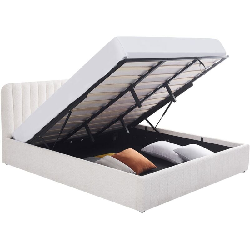 Homifab - Lit coffre adulte 180x200 cm avec tête de lit capitonnée en tissu bouclé beige - Ava