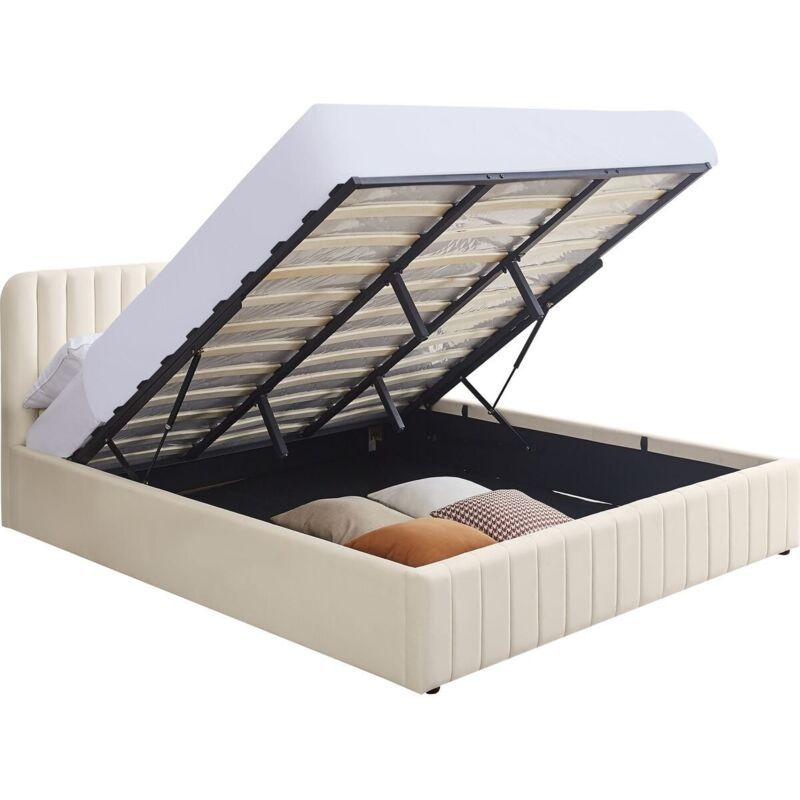 Homifab - Lit coffre adulte 140x190 cm avec tête de lit capitonnée en velours beige - Ava