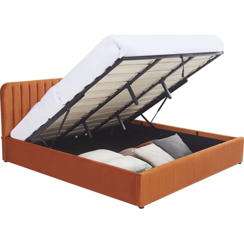 Lit coffre adulte 180x200 cm avec tête de lit capitonnée en velours terracotta - Ava