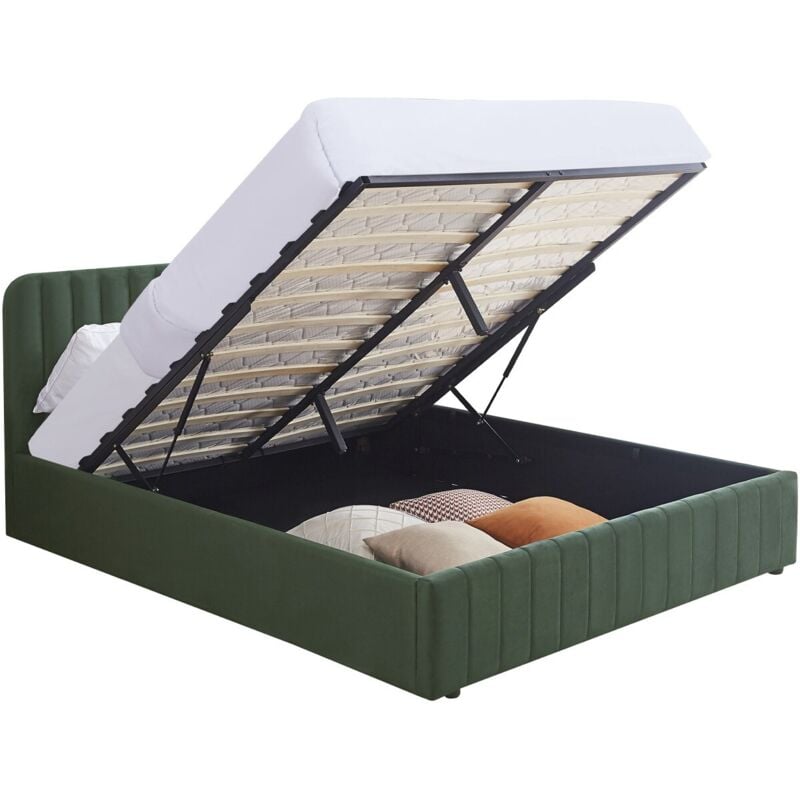 Homifab - Lit coffre adulte 140x190 cm avec tête de lit capitonnée en velours vert kaki - Ava