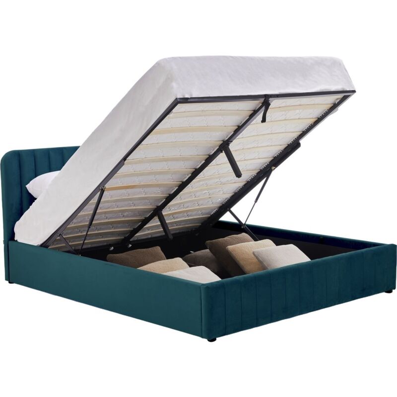 Homifab - Lit coffre adulte 140x190 cm avec tête de lit capitonnée en velours bleu - Ava