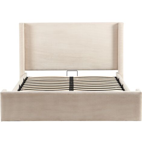 Lit coffre adulte 140x190 cm avec tête de lit capitonnée en velours côtelé beige - Elma