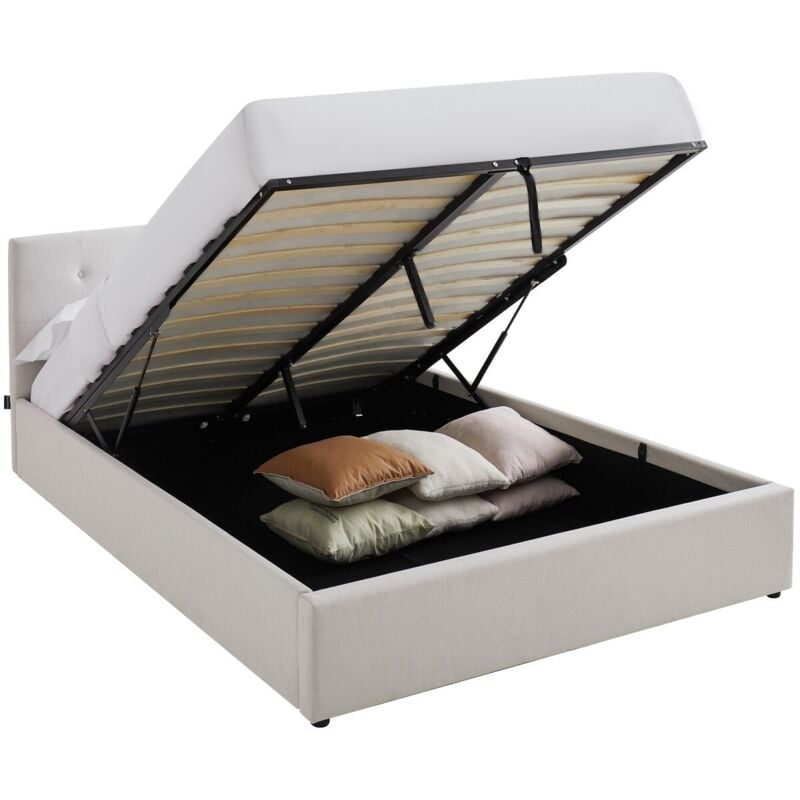 Homifab - Lit coffre adulte 140x190 cm avec tête de lit matelassée en tissu beige et sommier - Tina