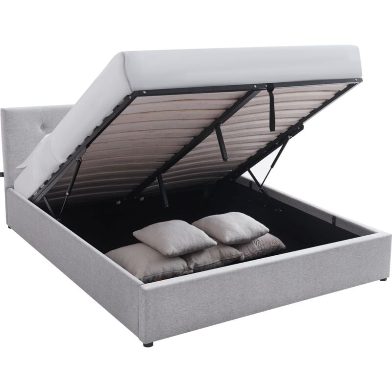 Homifab - Lit coffre adulte 140x190 cm avec tête de lit matelassée en tissu gris et sommier - Tina