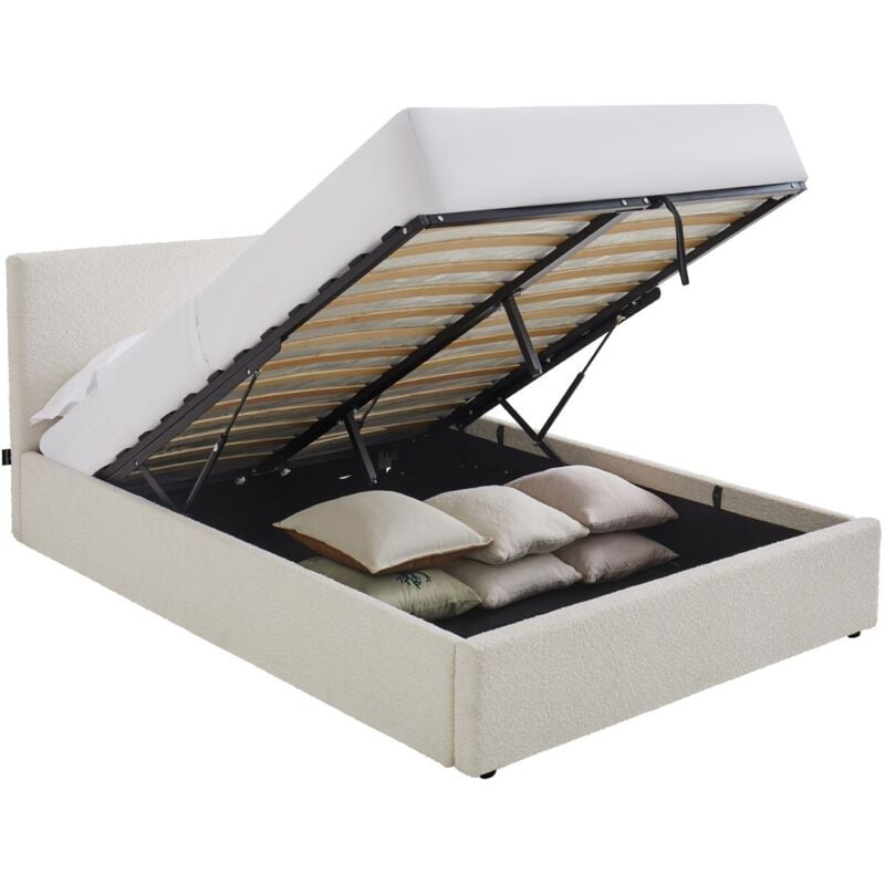 Lit coffre adulte 140x190 cm avec tête de lit matelassée en tissu bouclé beige et sommier - Tina