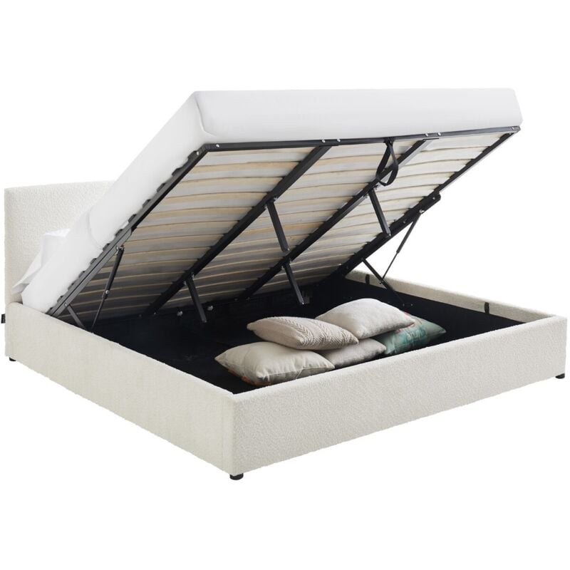 Lit coffre adulte 180x200 cm avec tête de lit matelassée en tissu bouclé beige et sommier - Tina