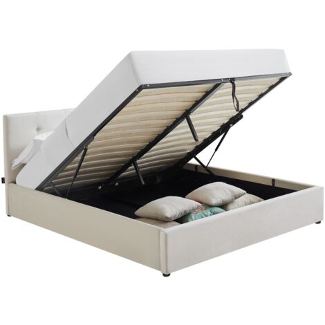 Lit coffre adulte 140x190 cm avec tête de lit matelassée en velours beige et sommier - Tina