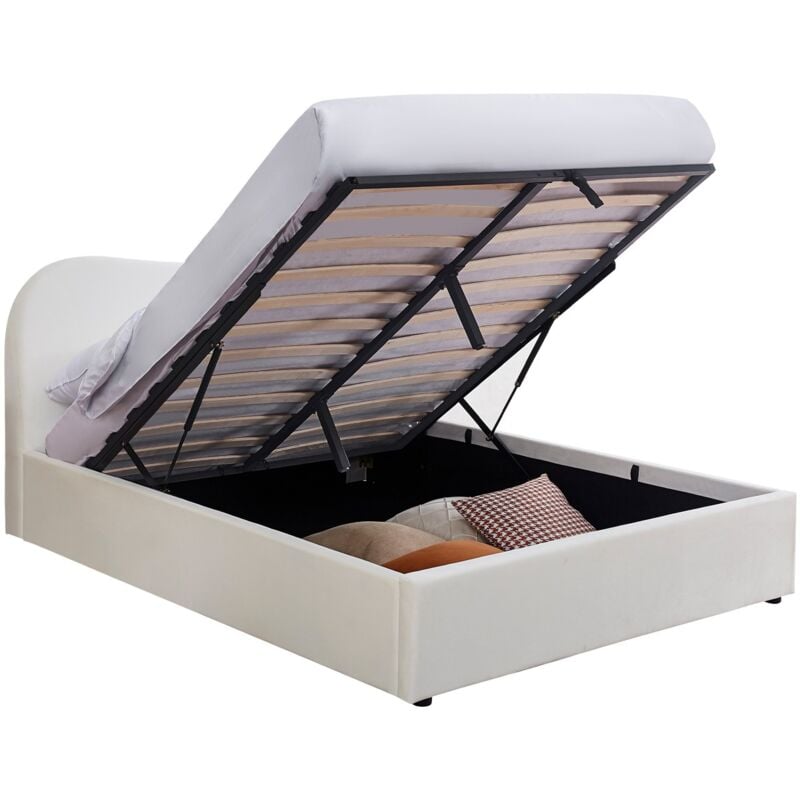 Lit coffre adulte 140x190 cm avec tête le lit matelassée en velours beige - Suzon