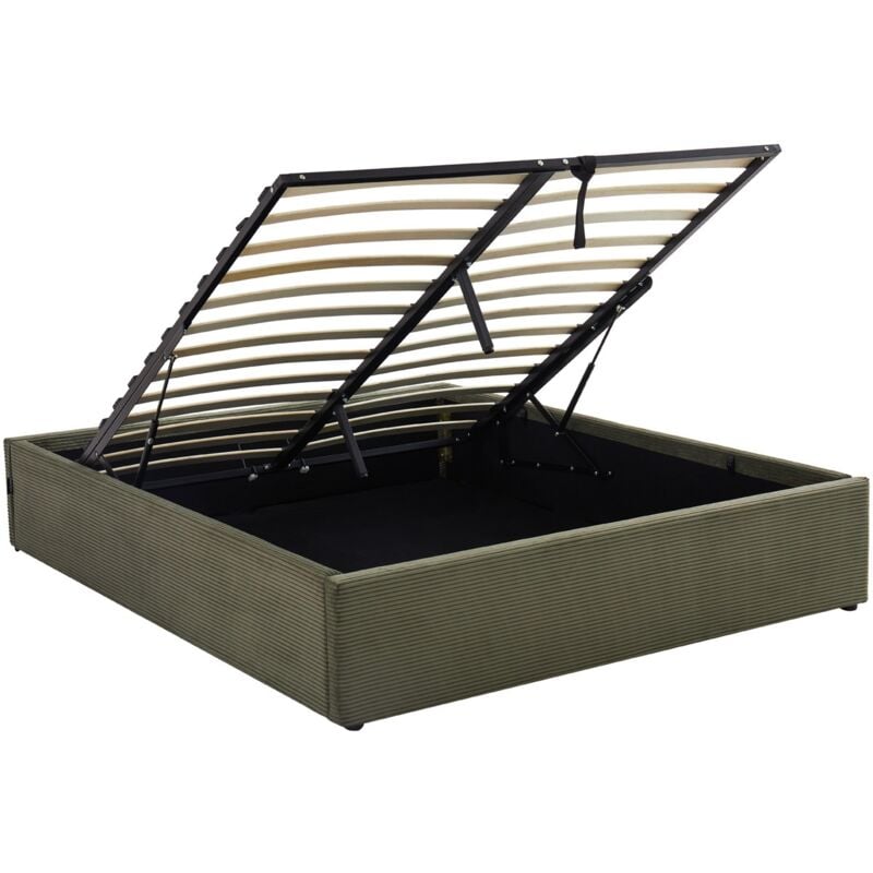 Homifab - Lit coffre adulte 140x190 cm en velours côtelé vert avec sommier - Handy