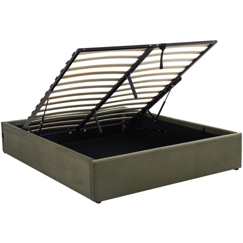 Homifab - Lit coffre adulte 160x200 cm en velours côtelé vert avec sommier - Handy