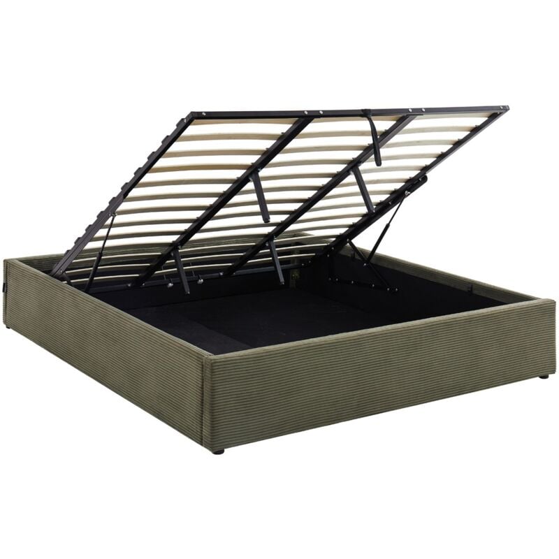 Homifab - Lit coffre adulte 180x200 cm en velours côtelé vert avec sommier - Handy