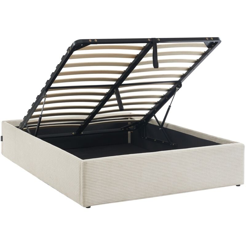 Homifab - Lit coffre adulte 140x190 cm en velours côtelé beige avec sommier - Handy