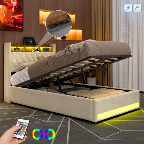 Lit coffre adulte 140x190 cm lit capitonné double, cadre à lattes, velours beige - LED, sans matelas