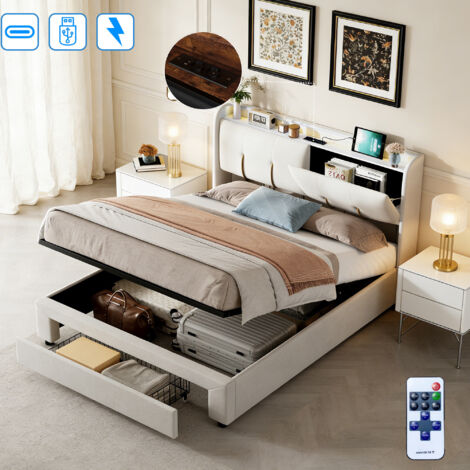Lit coffre adulte 140x200 cm avec LED et USB - tiroirs et rangement hydraulique - Sommier à Lattes en bois - Tête de lit avec rangement - Velours Beige