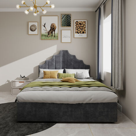 Lit coffre adulte 140x200 cm avec tête de lit au design géométrique et sommier à lattes, sans fond, sans matelas, en velours, gris