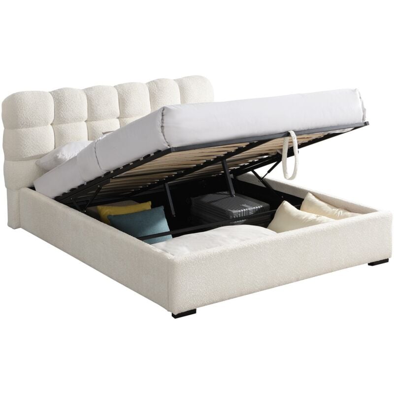 Lit coffre adulte 160x200 cm avec sommier et tête de lit capitonnée en tissu bouclé beige - Lola