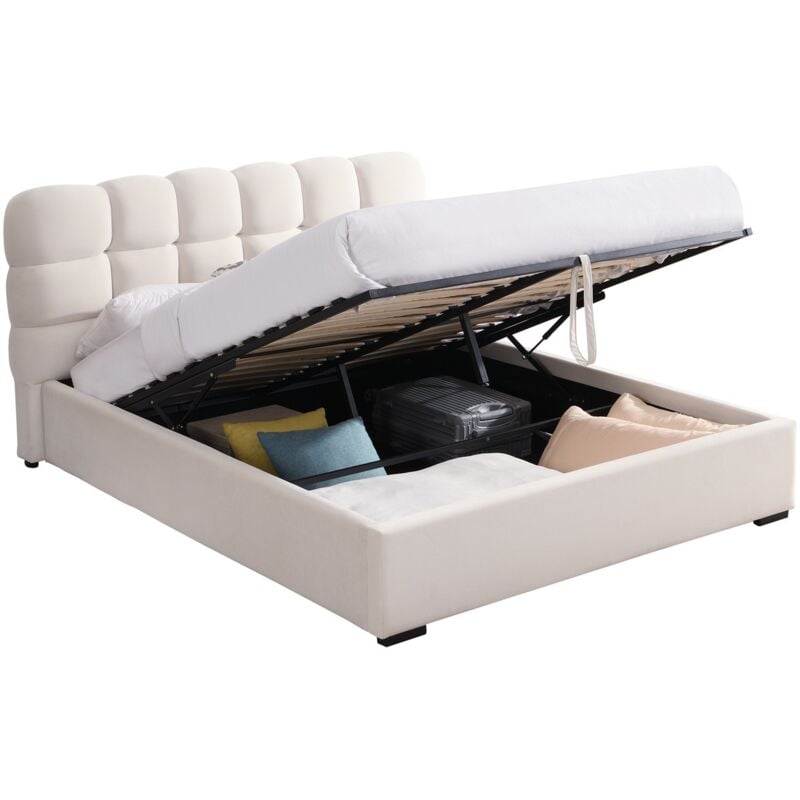Homifab - Lit coffre adulte 160x200 cm avec sommier et tête de lit capitonnée en velours beige - Lola
