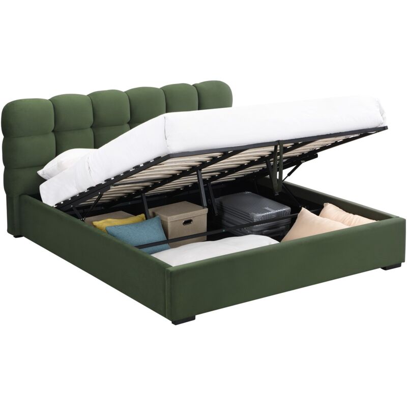 Homifab - Lit coffre adulte 180x200 cm avec sommier et tête de lit capitonnée en velours vert kaki - Lola
