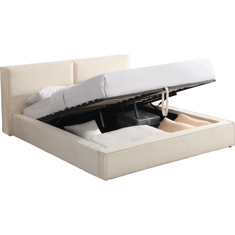 Lit coffre adulte 160x200 cm avec sommier et tête de lit matelassée en velours côtelé beige - Arno