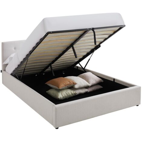 Lit coffre adulte 160x200 cm avec tête de lit matelassée en tissu beige et sommier - Tina