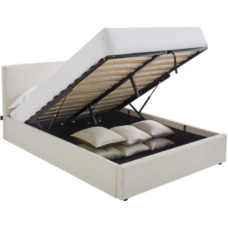 Lit coffre adulte 160x200 cm avec tête de lit matelassée en tissu bouclé beige et sommier - Tina