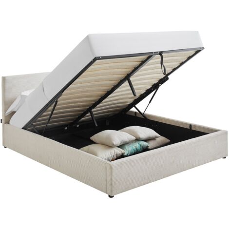 Lit coffre adulte 160x200 cm avec tête de lit matelassée en velours côtelé beige et sommier - Tina
