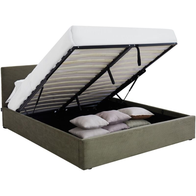 Homifab - Lit coffre adulte 160x200 cm avec tête de lit matelassée en velours côtelé vert et sommier - Tina