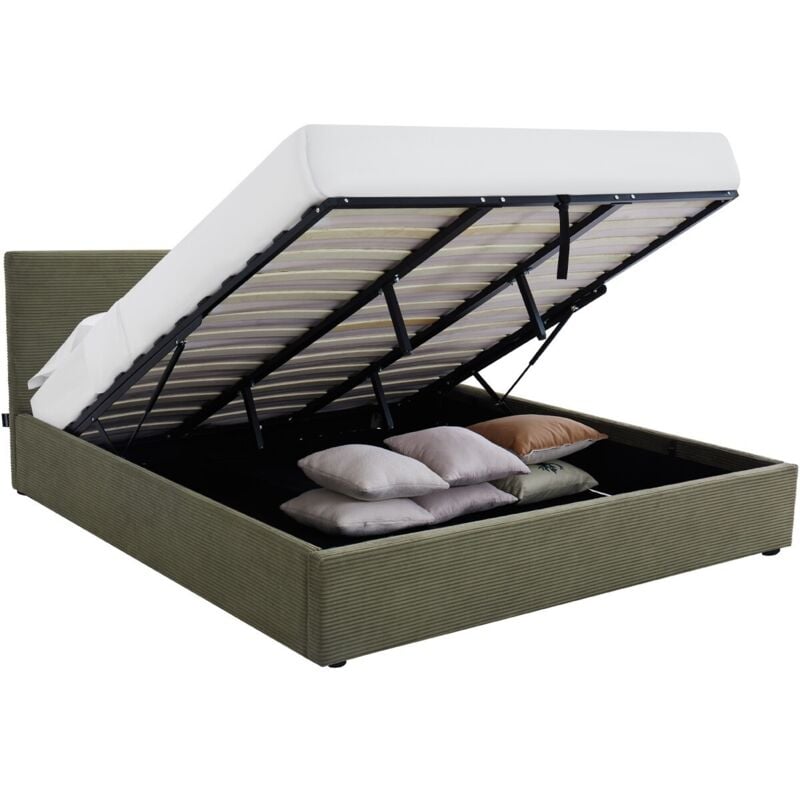 Lit coffre adulte 180x200 cm avec tête de lit matelassée en velours côtelé vert et sommier - Tina