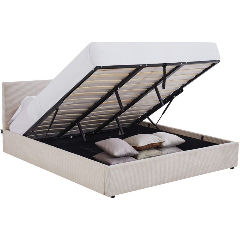 Lit coffre adulte 180x200 cm avec tête de lit matelassée en velours côtelé beige et sommier - Tina