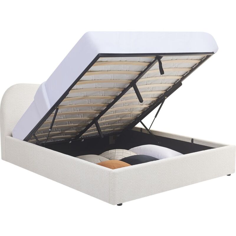 Lit coffre adulte 140x190 cm avec tête le lit matelassée en tissu bouclé beige - Suzon