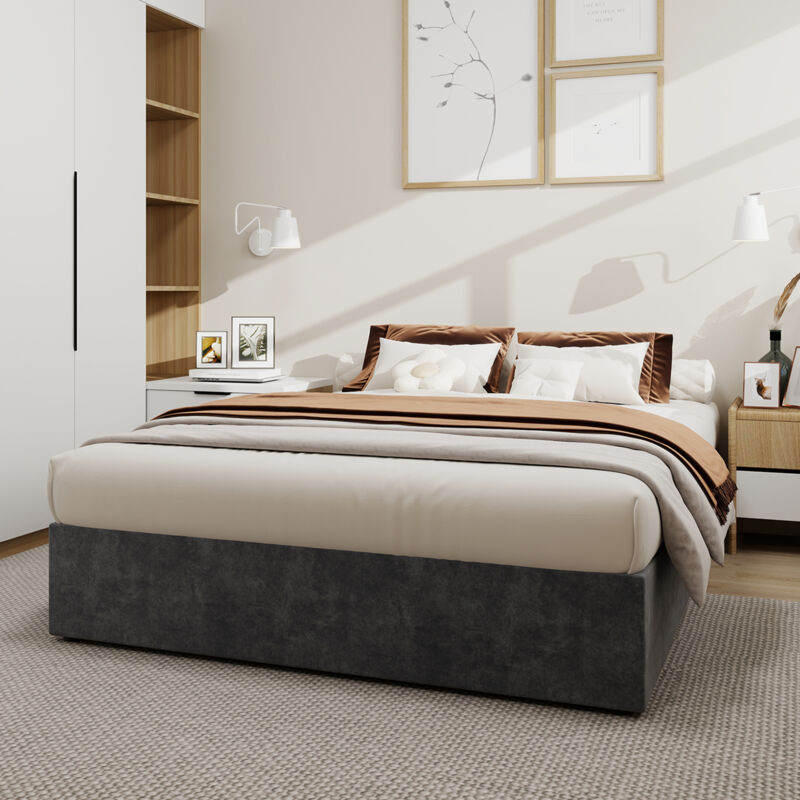 Lit coffre adulte 140x200 cm, hydraulique, lit double tapissé, sommier à lattes, sans matelas et tête de lit, tissu + métal, gris