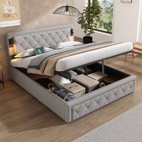 Lit Double 160 X 200 Cm Lit Coffre Lit Rembourré Hydraulique Avec