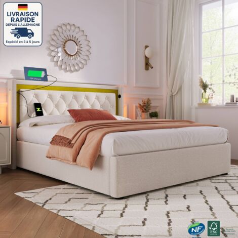 Lit coffre adulte 160x200cm, sans matelas, USB, LED, lit double, coton, sommier à lattes, beige
