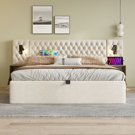 Lit coffre adulte 180x200 cm avec 2 tables de chevet, lampe de lecture et USB, sans matelas, sans fond, en velours, beige