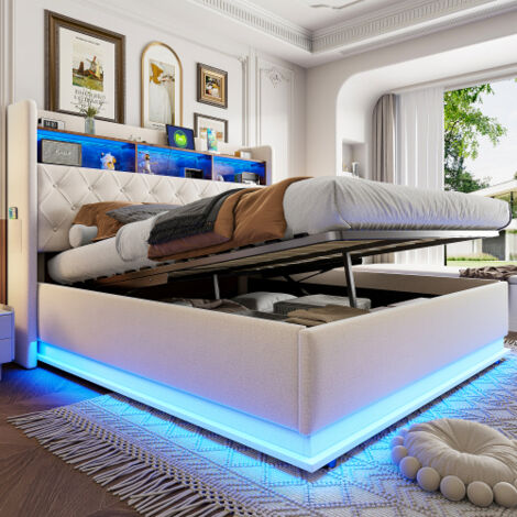 Lit coffre adulte 180x200 cm avec éclairage LED, port USB-Type-C, rangement de chevet, sans matelas, beige