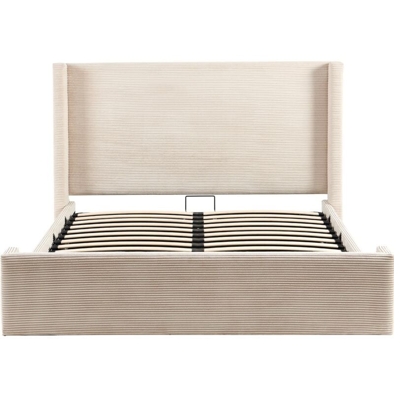 Lit coffre adulte 140x190 cm avec tête de lit capitonnée en velours côtelé beige - Elma