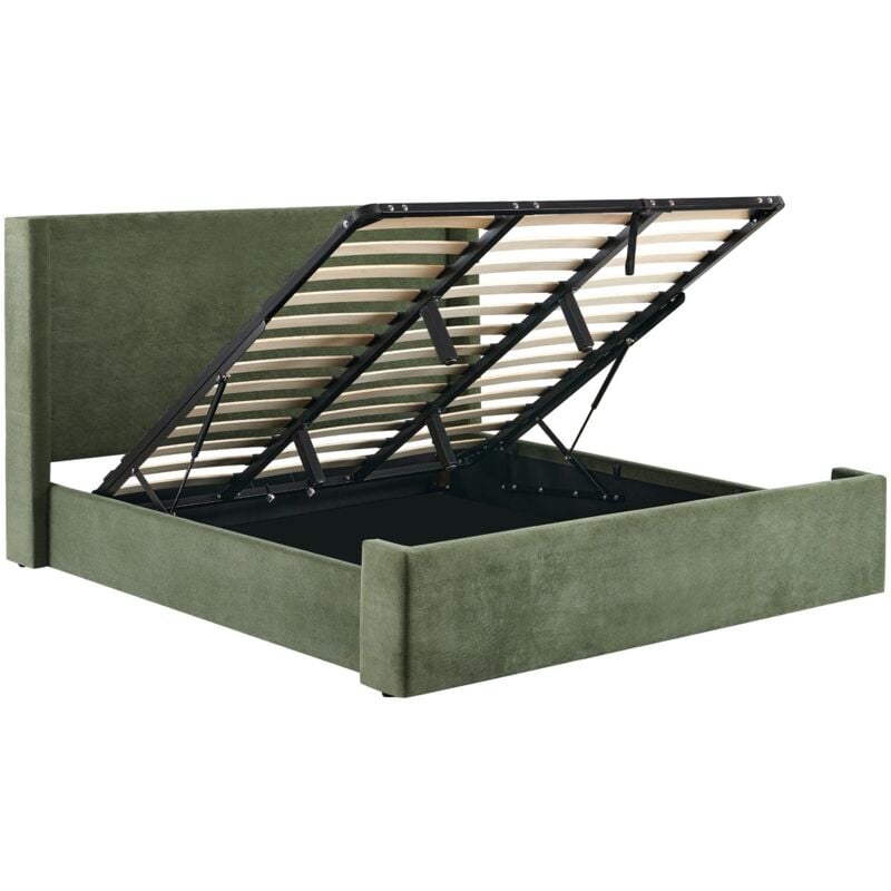 Homifab - Lit coffre adulte 140x190 cm avec tête de lit capitonnée en velours côtelé vert kaki - Elma