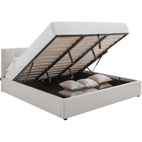 Lit coffre adulte 180x200 cm avec tête de lit matelassée en tissu beige et sommier - Tina
