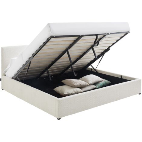Lit coffre adulte 180x200 cm avec tête de lit matelassée en tissu bouclé beige et sommier - Tina