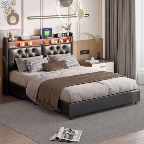 Lit coffre adulte 180x200 cm - Rembourré - LED intégrée - Tête de lit avec rangement - Noir PU