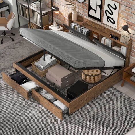 Lit coffre adulte 180x200cm avec 2 tiroirs, hydraulique, cadre de lit en métal, lit double, sans matelas, marron