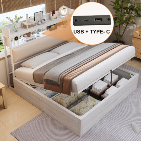 Lit coffre adulte 180x200cm, hydraulique, tête de lit rembourrée avec port USB, MDF, sans matelas, blanc