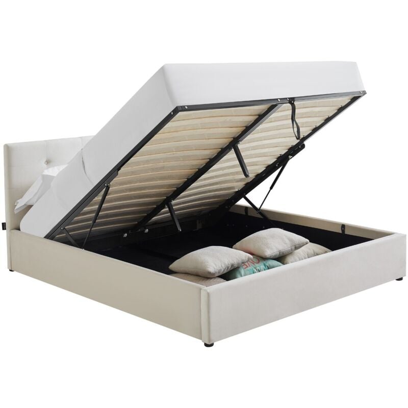 Homifab - Lit coffre adulte 160x200 cm avec tête de lit matelassée en velours beige et sommier - Tina