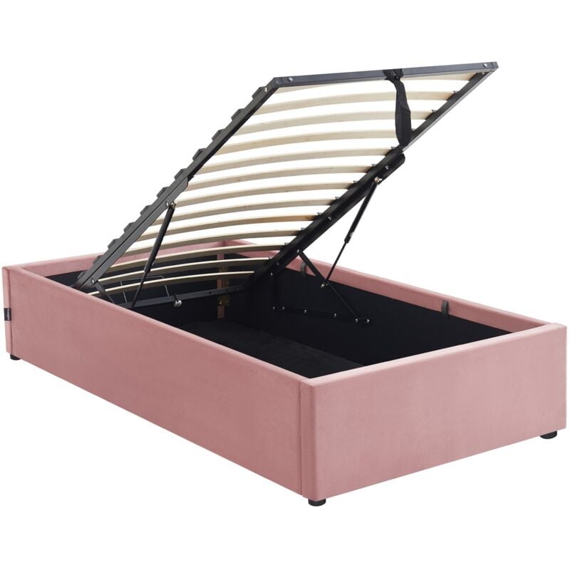 Homifab - Lit coffre adulte 90x190 cm en velours rose avec sommier - Handy