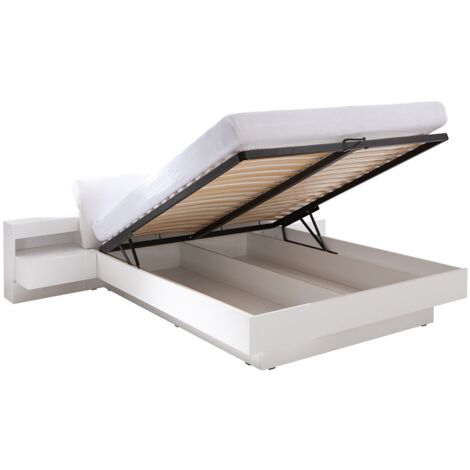 Lit coffre adulte RENATO. Couchage 160x200 cm. Chevets intégrés avec LED. Coloris blanc. Lit design et moderne - Blanc
