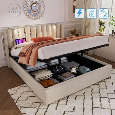 Lit coffre avec 2 lampes de lecturse et 2 prises USB cadre de lit en lin avec tête de lit, sommier à lattes, 160x200cm beige
