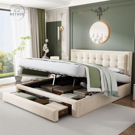 Lit coffre avec 2 tiroirs - lit double rembourré avec sommier à lattes et tête de lit - lit de rangement en velours 160x200cm beige