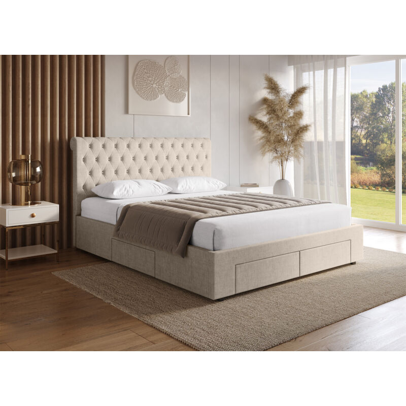 LEANDRE - Lit double avec 4 tiroirs en lin beige 180x200 cm LEANDRE
