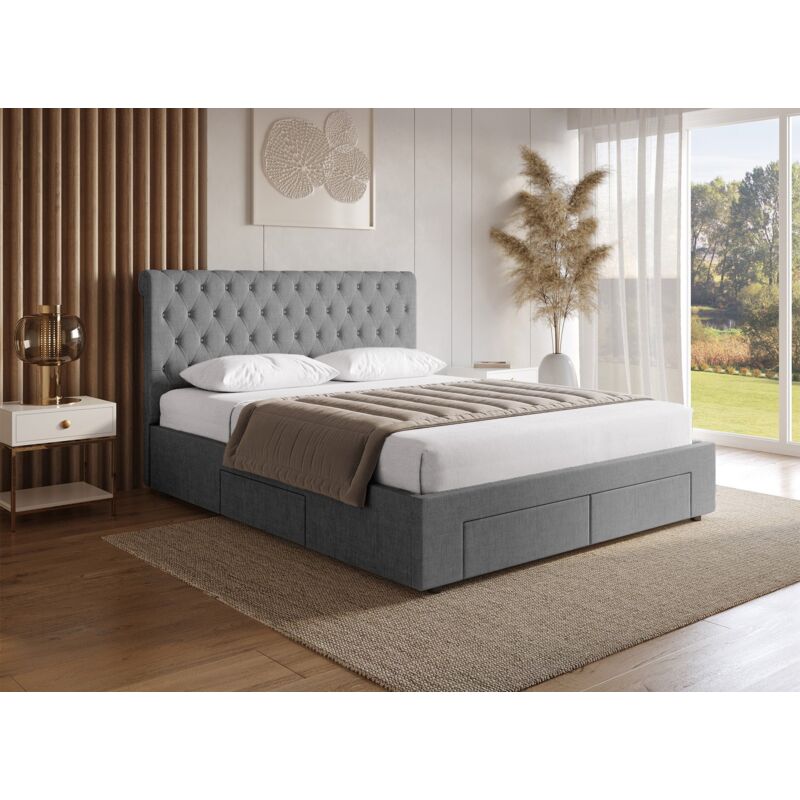 Deco In Paris - leandre - Lit double avec 4 tiroirs en lin gris 140x190 cm leandre