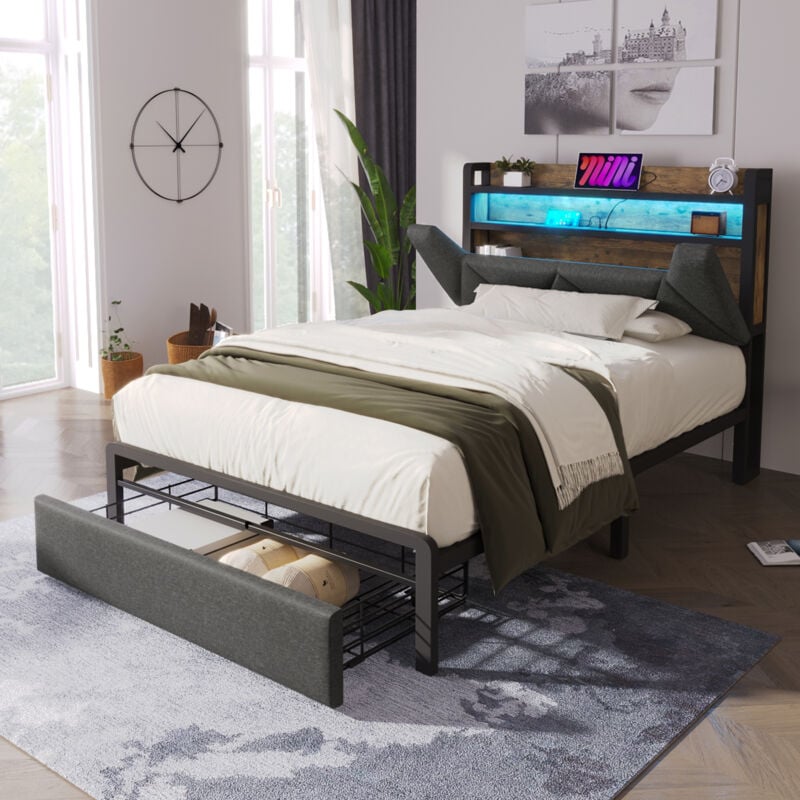 Lit coffre avec chargement usb Type-C, éclairage led, avec tiroirs, gris - 90x 200cm, lit simple (sans matelas)